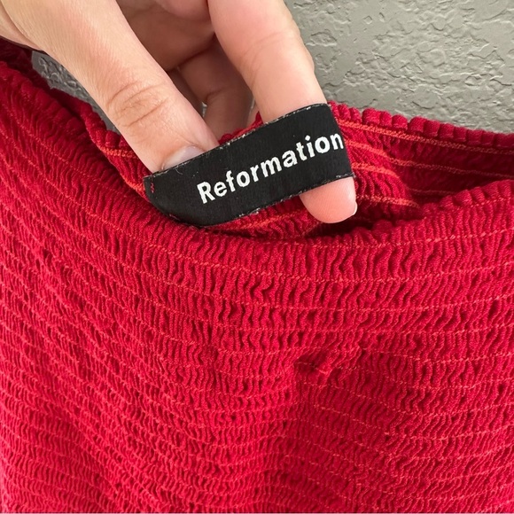 REFORMATION Francis Red Smocked Long Sleeve Square Neck Top - Picture 7 of 11